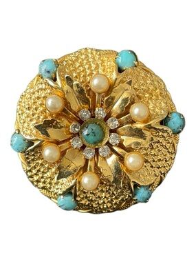 Vintage Etruscan Turquoise & Pearl Scarf Clip